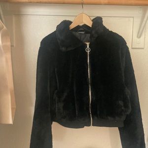 fluffy faux fur bomber jacket
